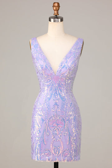 Lost In Your Eyes Bodycon V-ringning Lila Paljetter Kort Homecoming Klänning